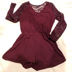 Wine Colored Lace Long Sleeve Romper - Size M